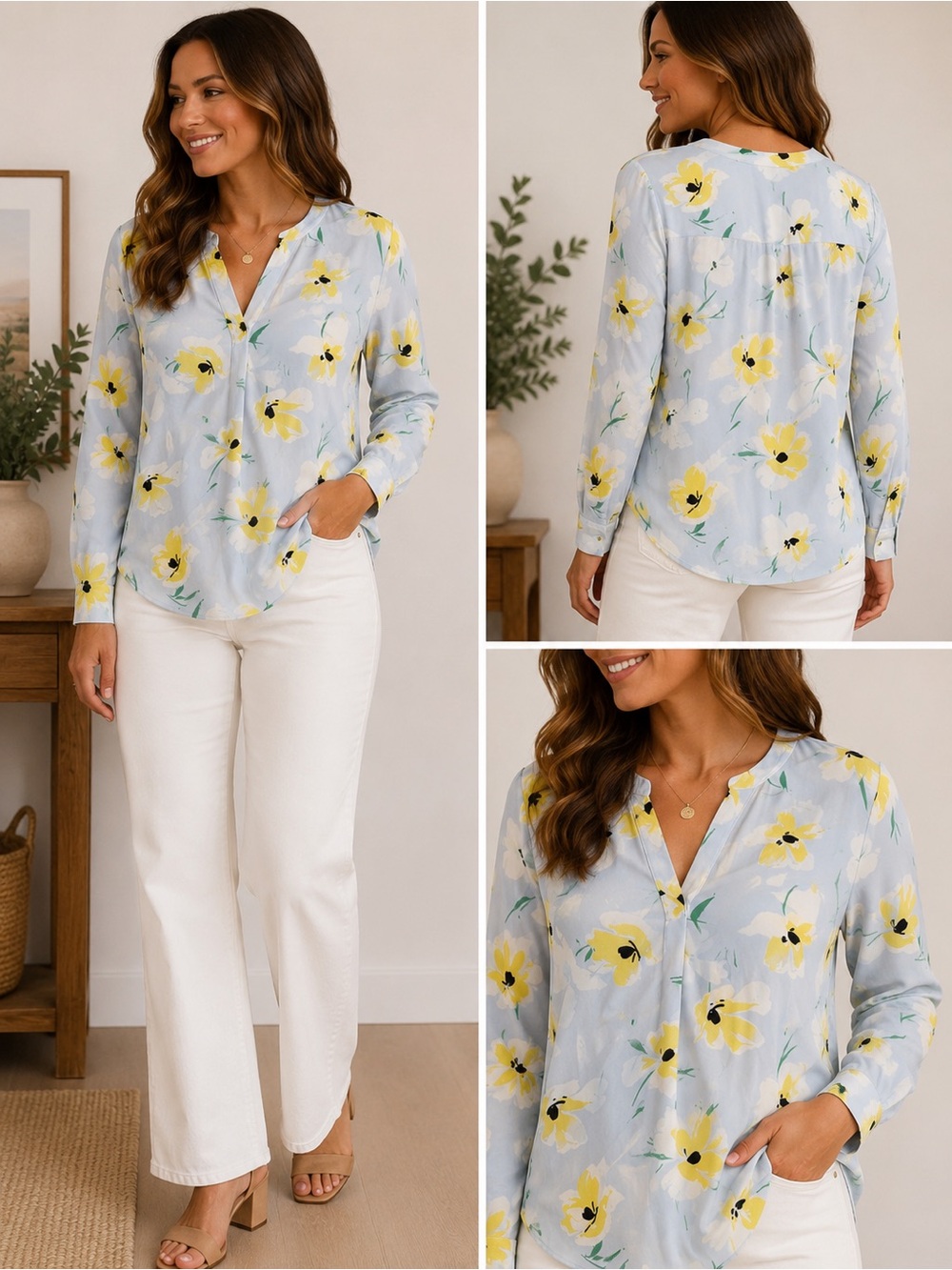 Ann Taylor Floral Split V-Neck Blouse Women’s Small Blue Yellow Long Sleeve Top